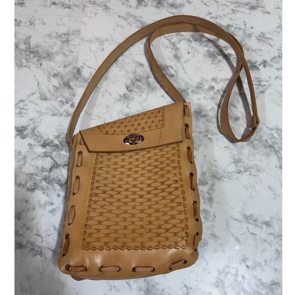 Bohemian Handmade Leather Natural Tan Squared Shoulder Bag Twist Lock Closure - Picture 5 of 11